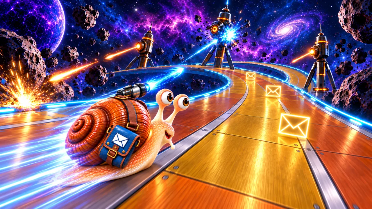 Nitro the snail races along a space highway past turrets, with a satchel full of mail.