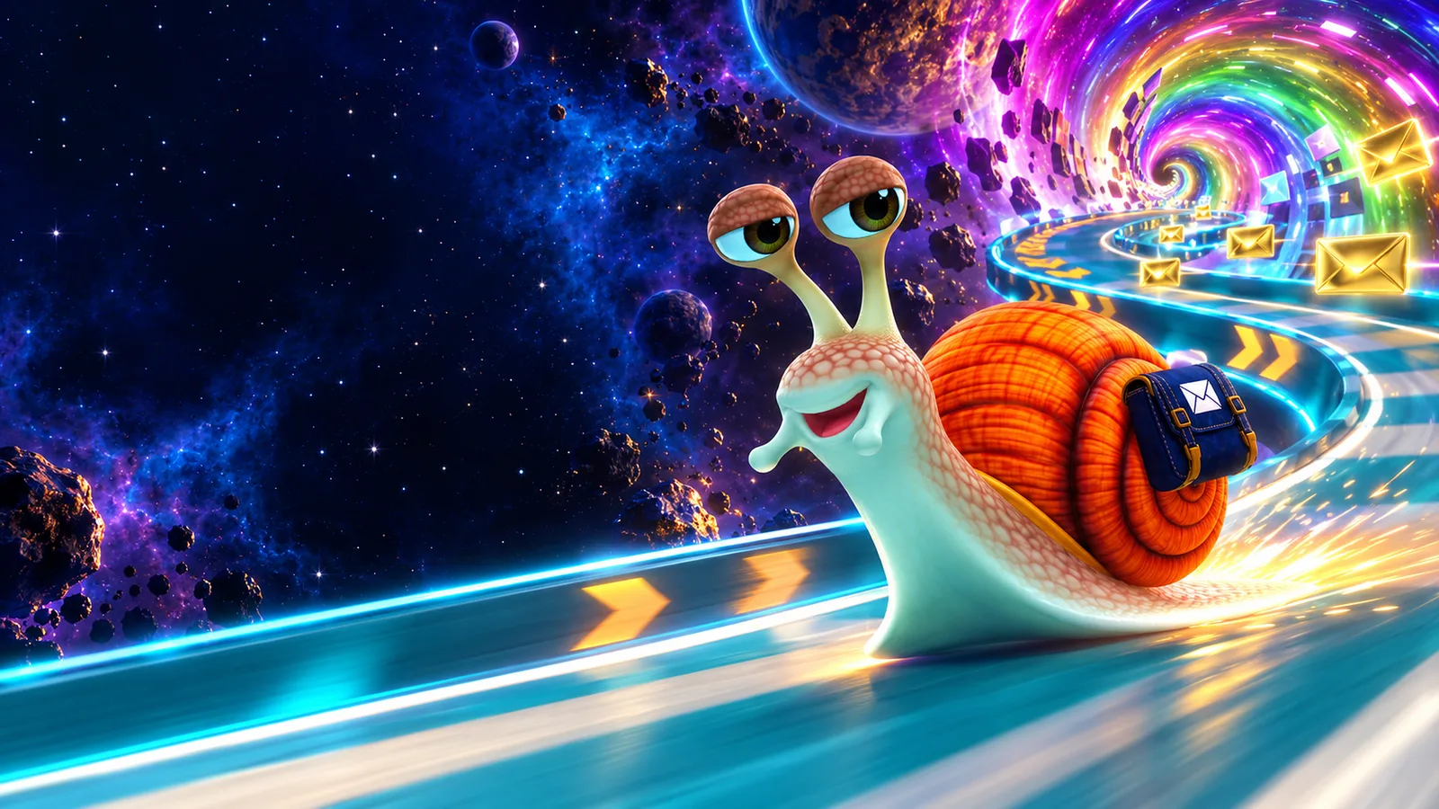 Nitro races along a glowing space road toward a rainbow wormhole, carrying a navy mail satchel on his orange shell.