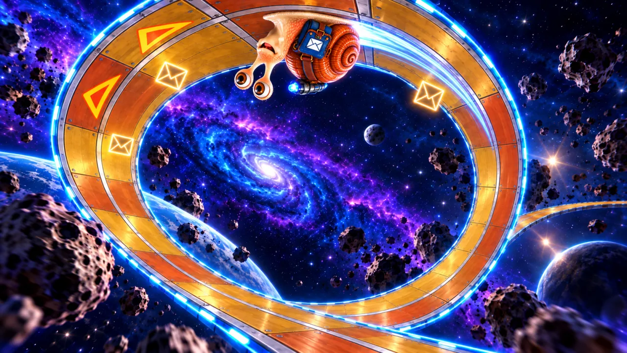 Promotional illustration of Turbo racing upside down along the top of a giant vertical loop, with his shell hanging over the void.